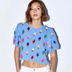 ZARA | BLUE CROCHET ICE CREAM CONE TOP | 3D EMBROIDERED ICE CREAMS (Small)